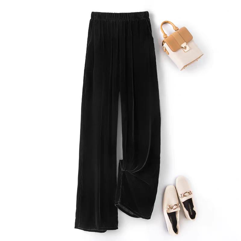 复古百搭真丝丝绒女直筒长裤高腰松紧腰显瘦大码