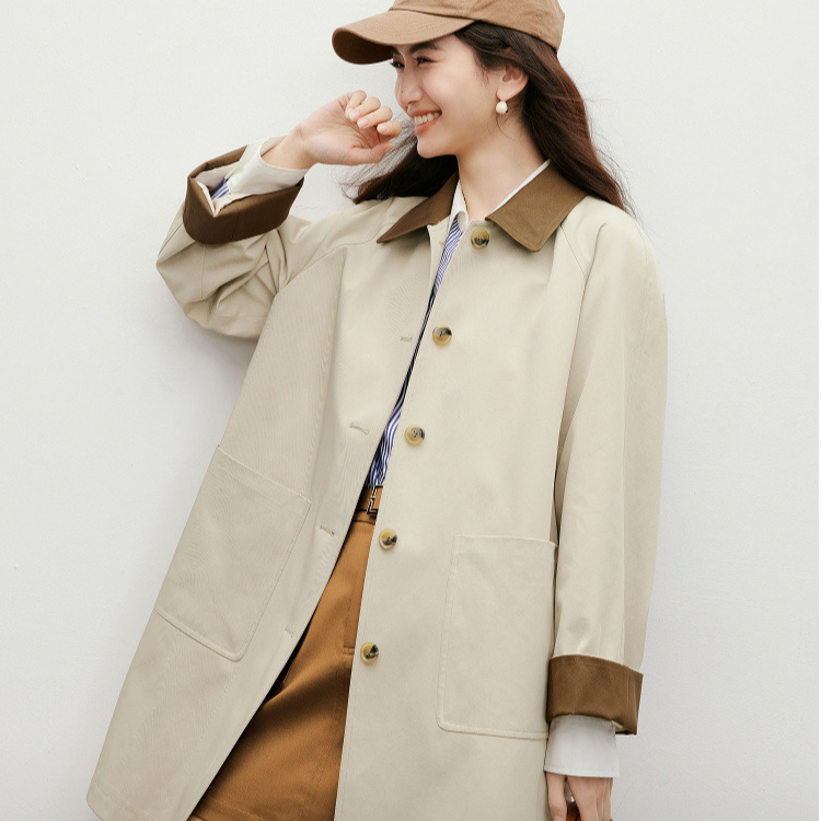 日系卡其风衣秋2025新款女装巴恩松弛感显瘦撞色翻领中长外套