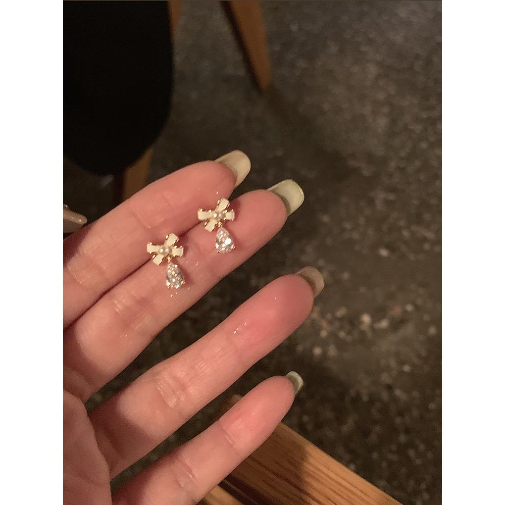 OLOIU 合金锆石耳饰 精致蝴蝶结耳钉小众设计感高级轻奢气质耳环