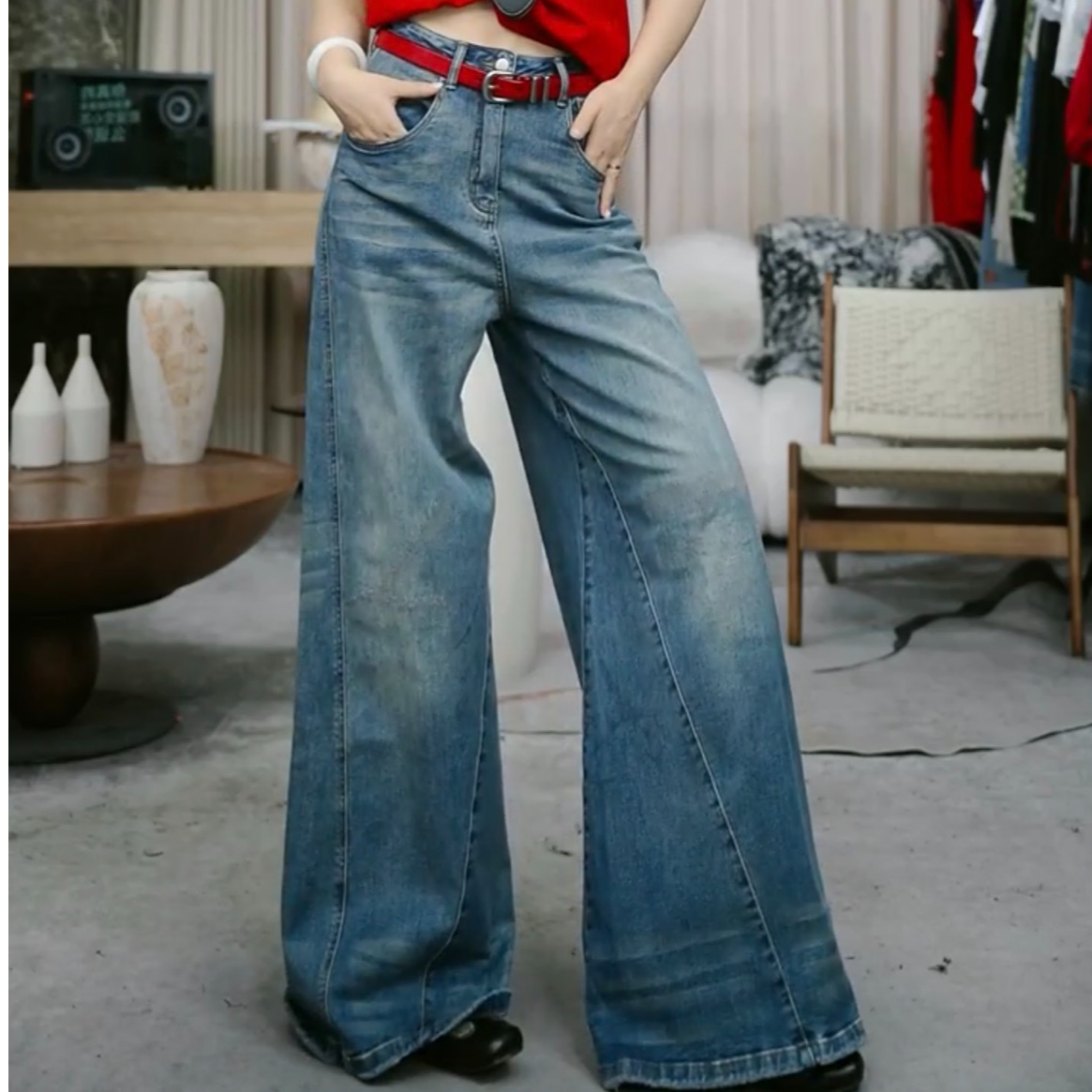 infobyfive2025秋冬新款蓝色立裁拼接牛仔裤喇叭裤四店NF0507407
