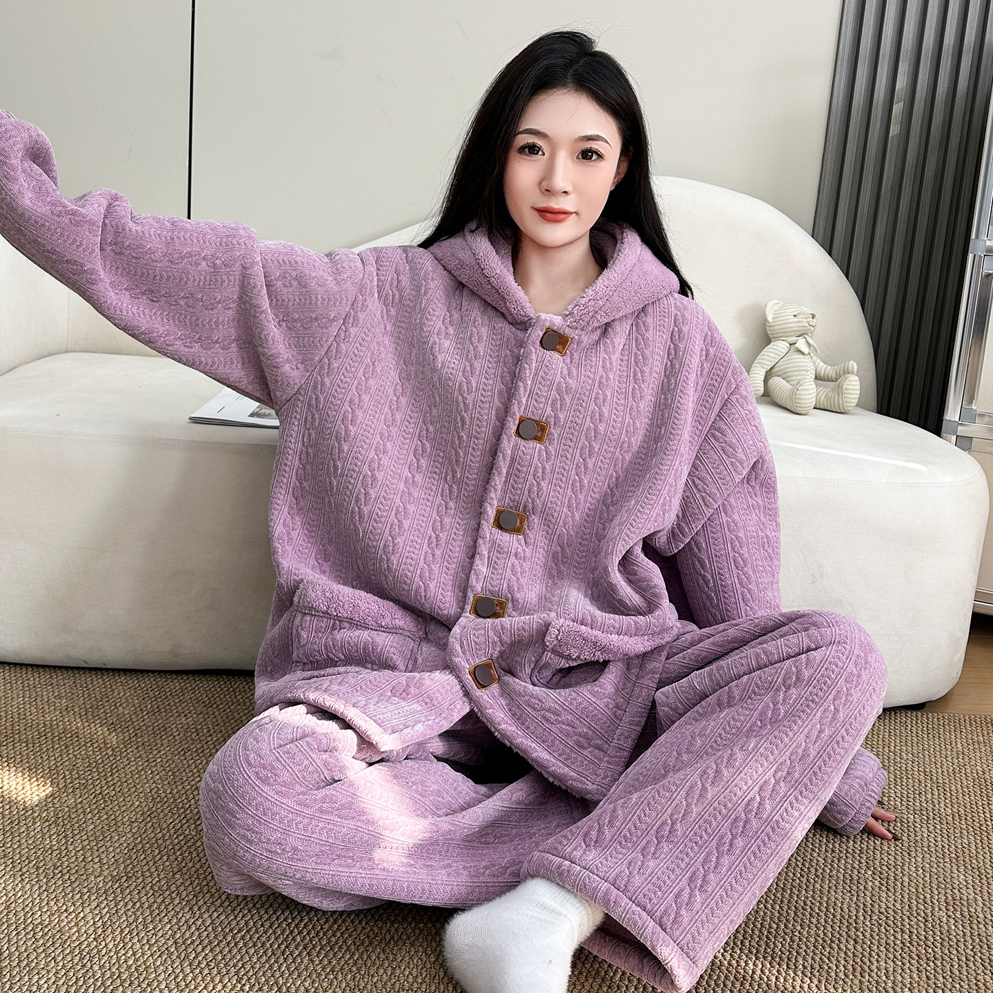 大码睡衣冬200斤女胖mm珊瑚绒连帽开衫妈妈款保暖家居服加肥加大