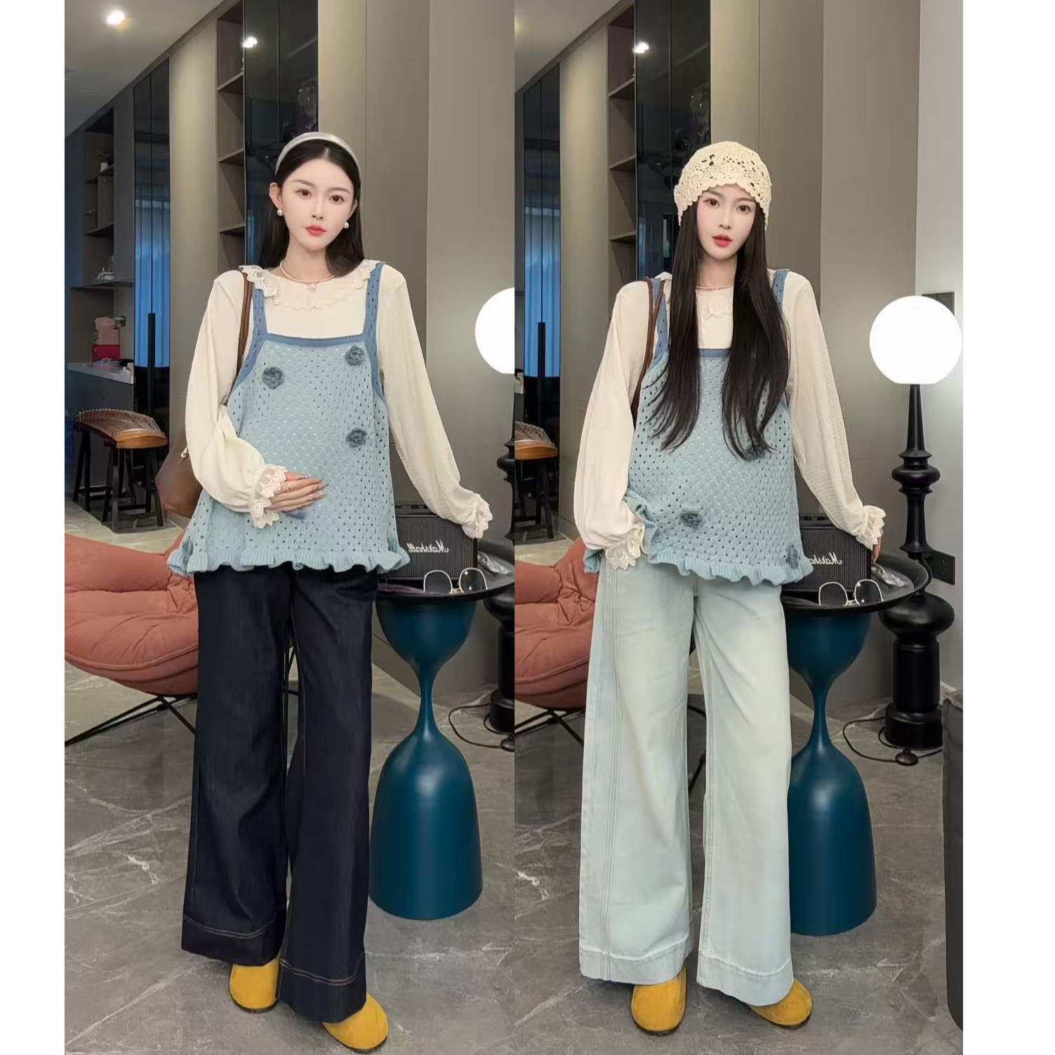 孕妇秋冬韩系宽松吊带马甲上衣显瘦减龄蕾丝甜美长袖潮妈两件秋装