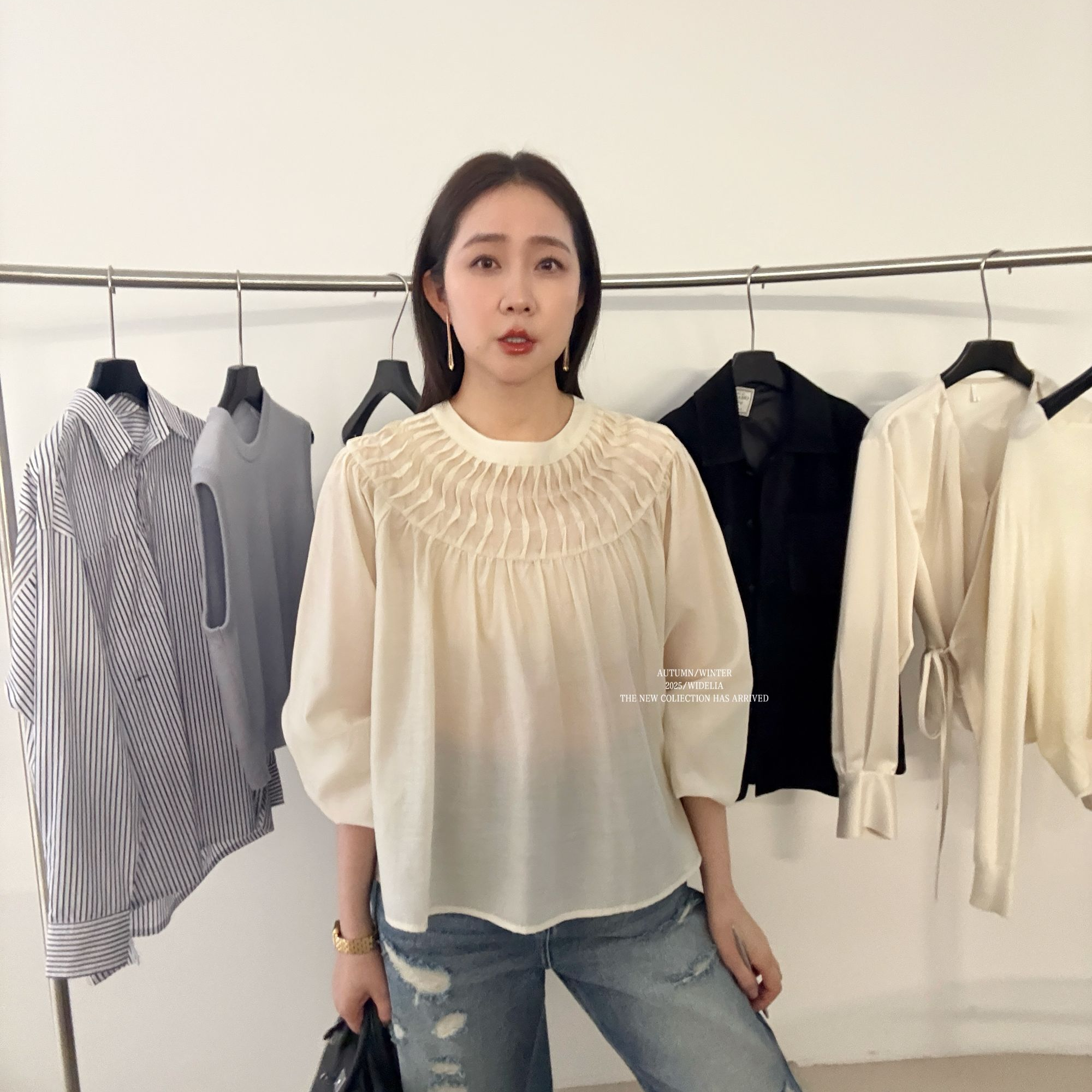 widelia陈姬儿宽松型夏季秋季圆领上衣镂空长袖衬衫7066