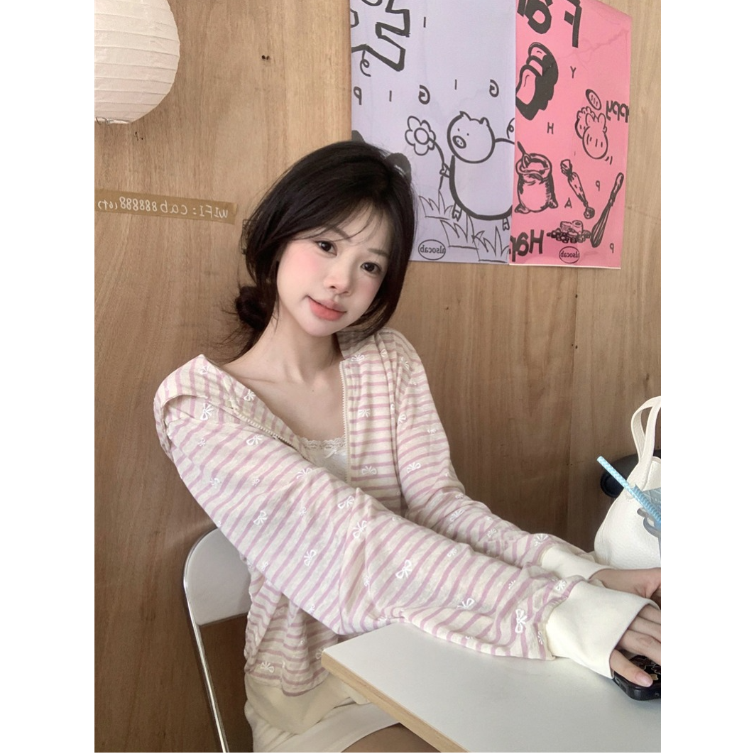 甜美粉白条纹蝴蝶结印花休闲长袖卫衣连帽开衫外套女上衣