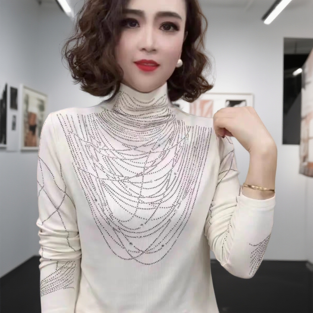 2025新款女款爆款半高领时尚休闲显瘦带钻可外穿精致打底衫上衣