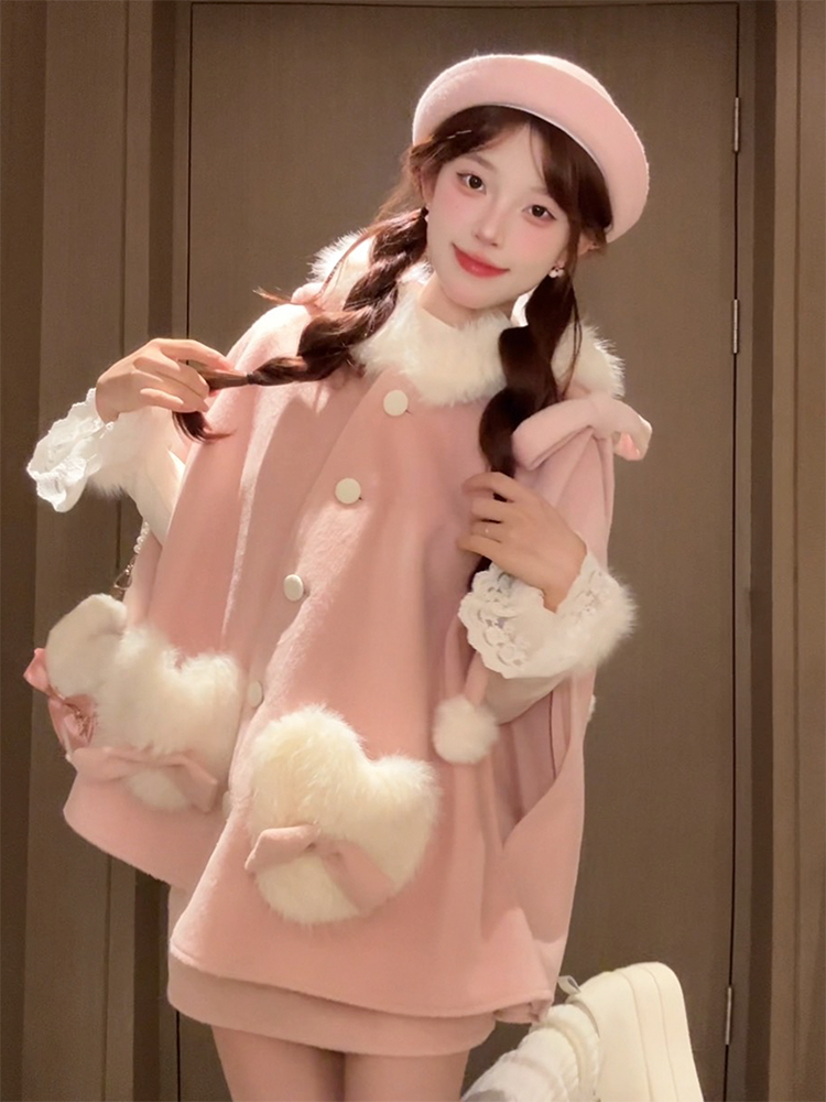粉兔绵绵 小香风千金感甜美可爱毛领斗篷大衣内搭短裙三件套秋冬