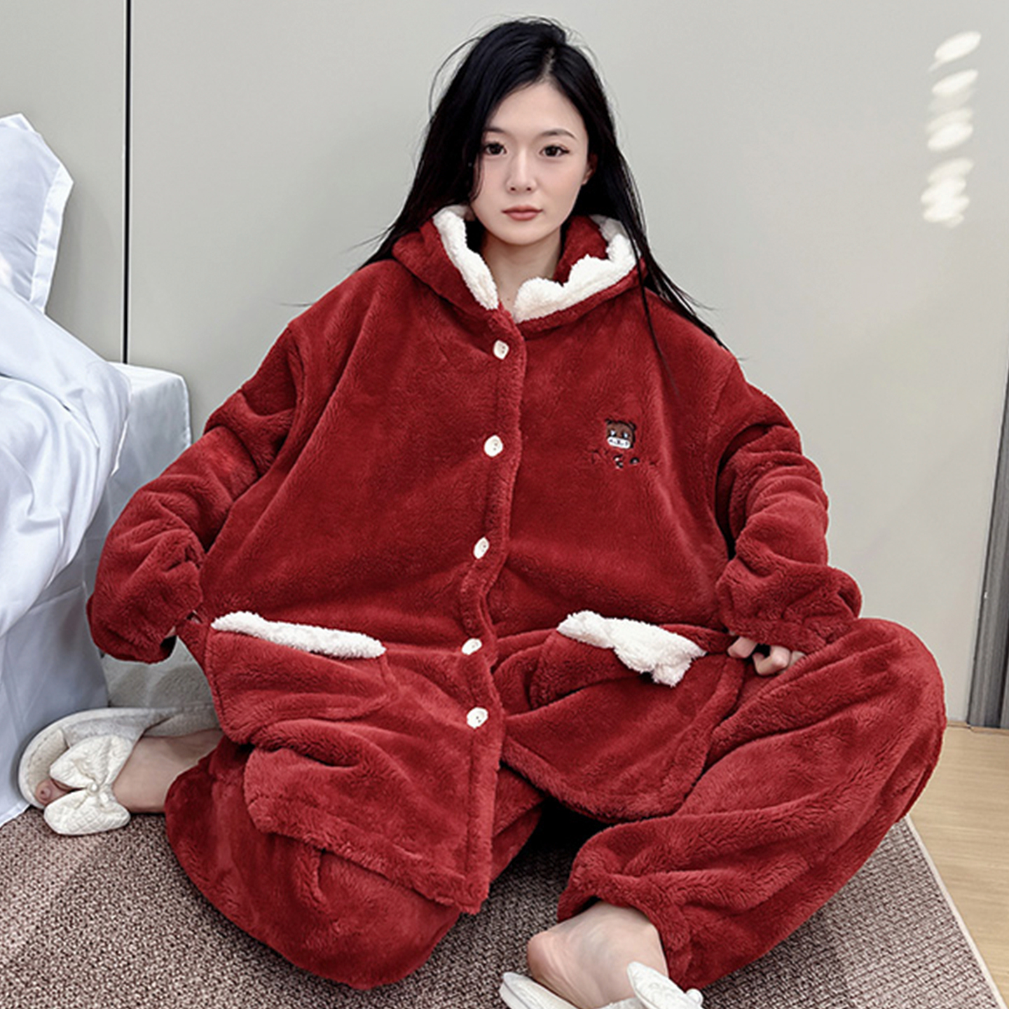 红色本命年睡衣大码胖mm冬加绒加厚珊瑚绒连帽结婚家居服女200斤