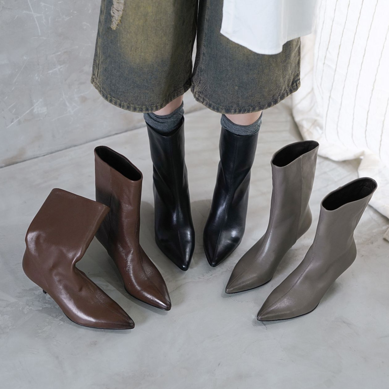 【唐唐家】复古尖头真皮女士短靴秋冬新款高级感细跟气质百搭高跟靴