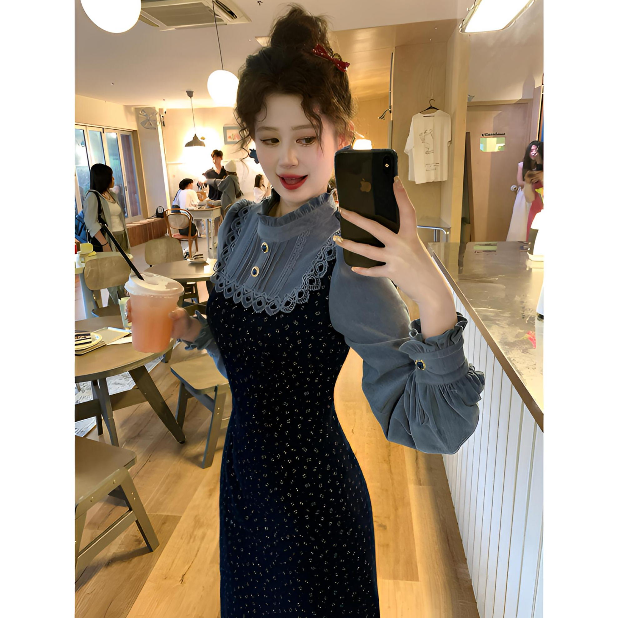 现货一生罗曼【海兰花】法式碎花连衣裙秋冬假两件拼接裙子L1576