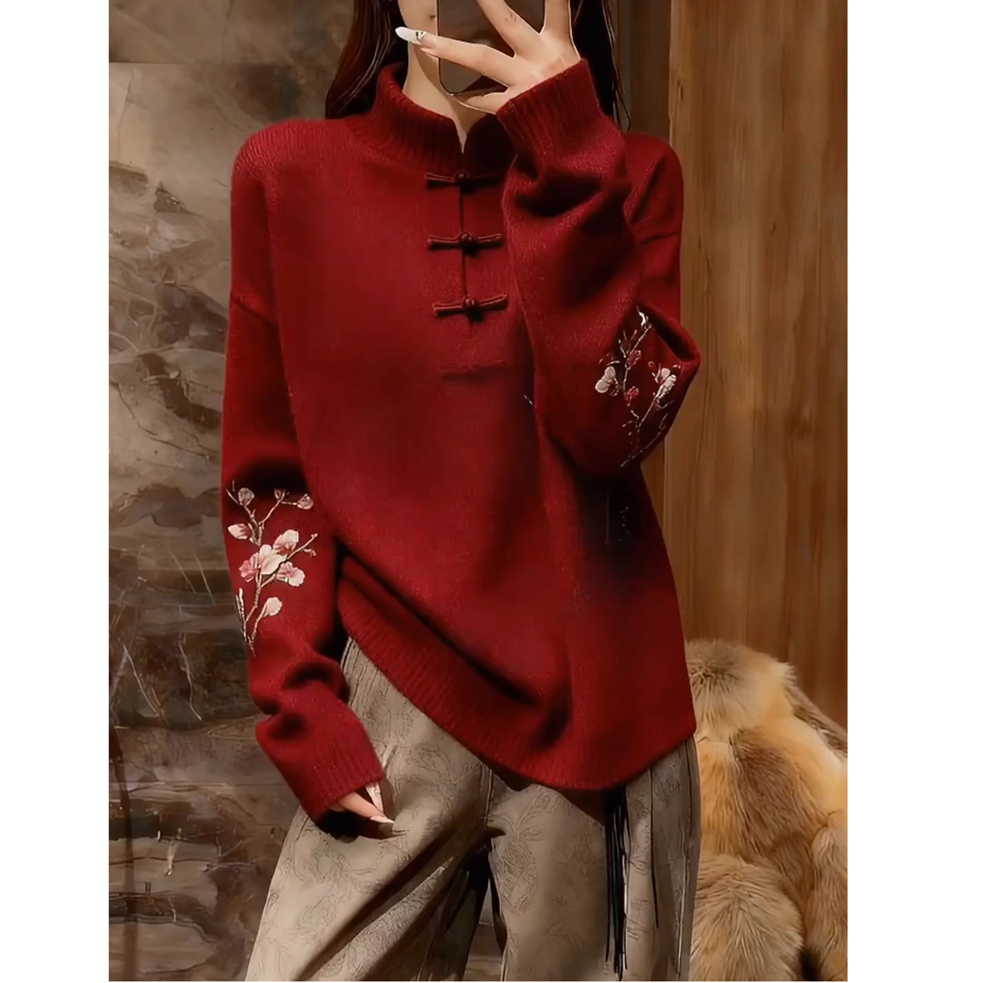 新年红立领长袖针织衫2025秋冬新款梅花刺绣显白新中式大码毛衣潮