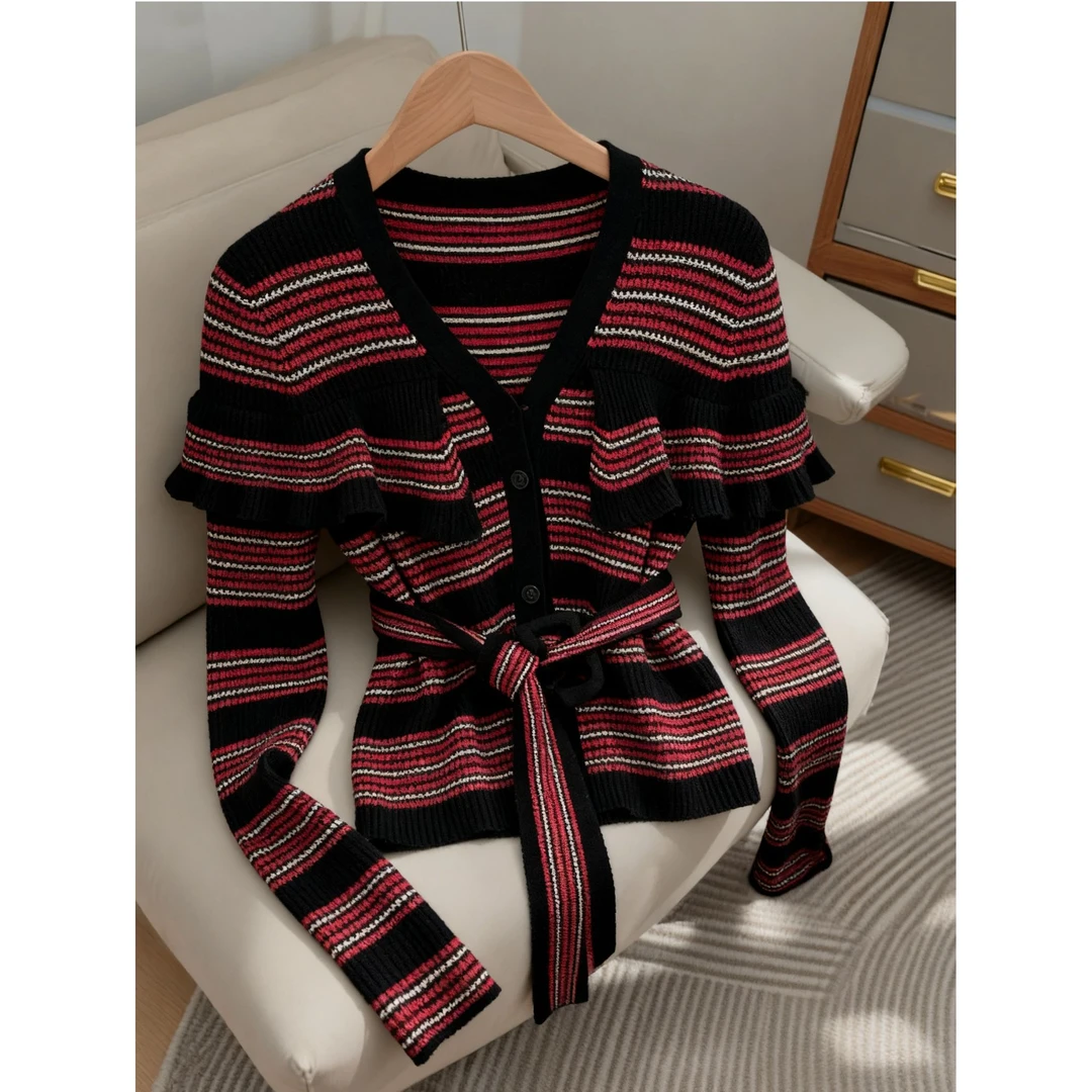 2025秋季新款条纹收腰纽扣V领长袖针织衫韩版显瘦高腰阔腿牛仔裤