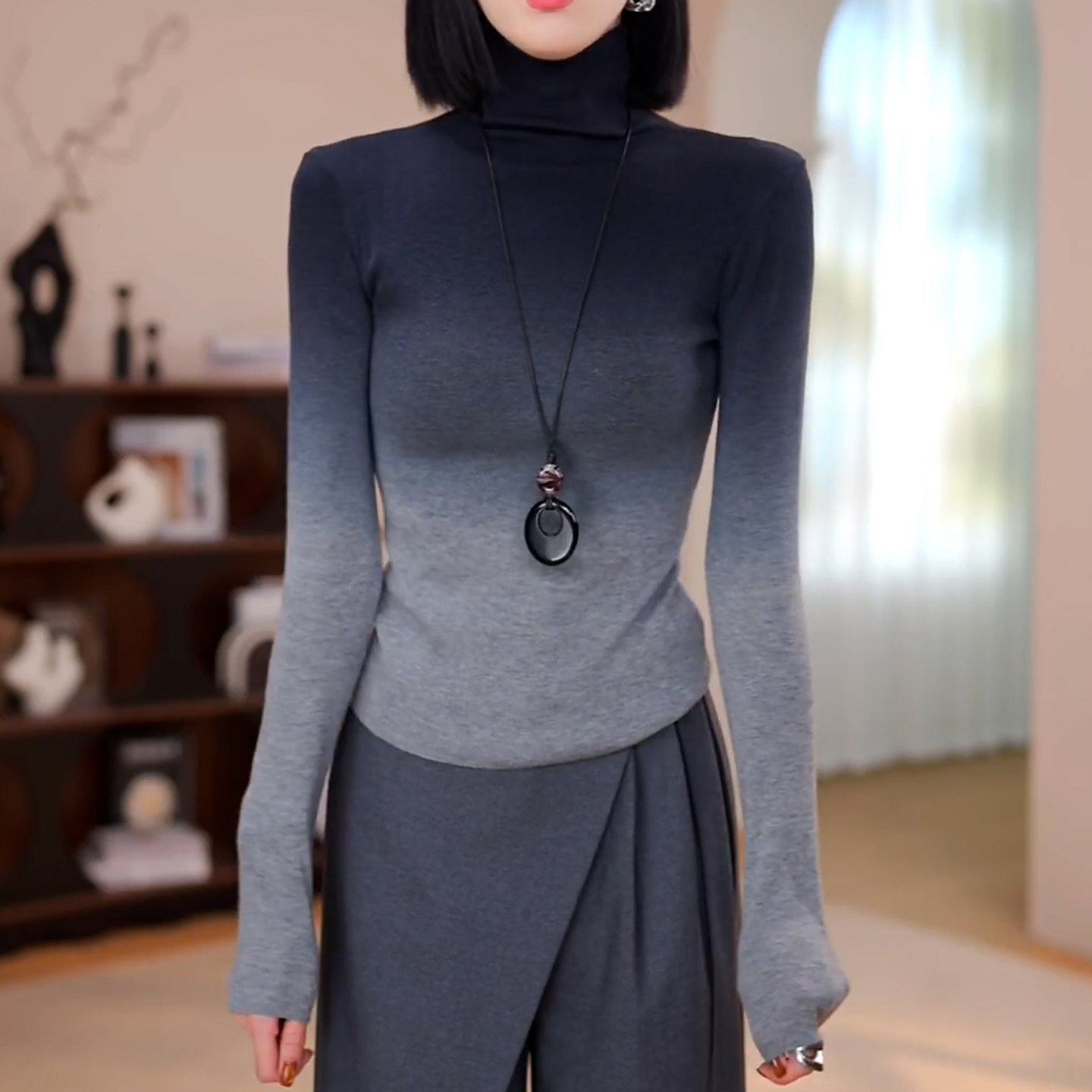 高级感渐变色堆堆领针织衫女2025秋冬新款设计感气质修身显瘦上衣