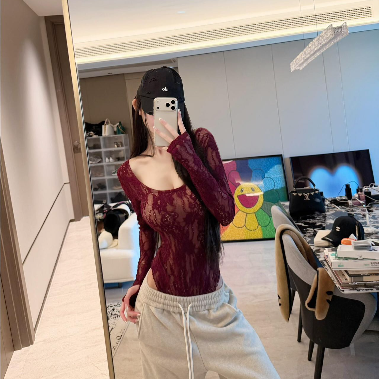 小众秋冬蕾丝U领长袖连体衣收腰修身辣妹打底衣百搭休闲裤两件套