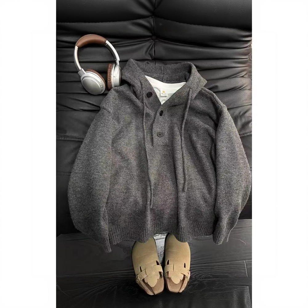 美式连帽毛衣男款秋冬季潮牌休闲套头针织卫衣宽松情侣高级感上衣