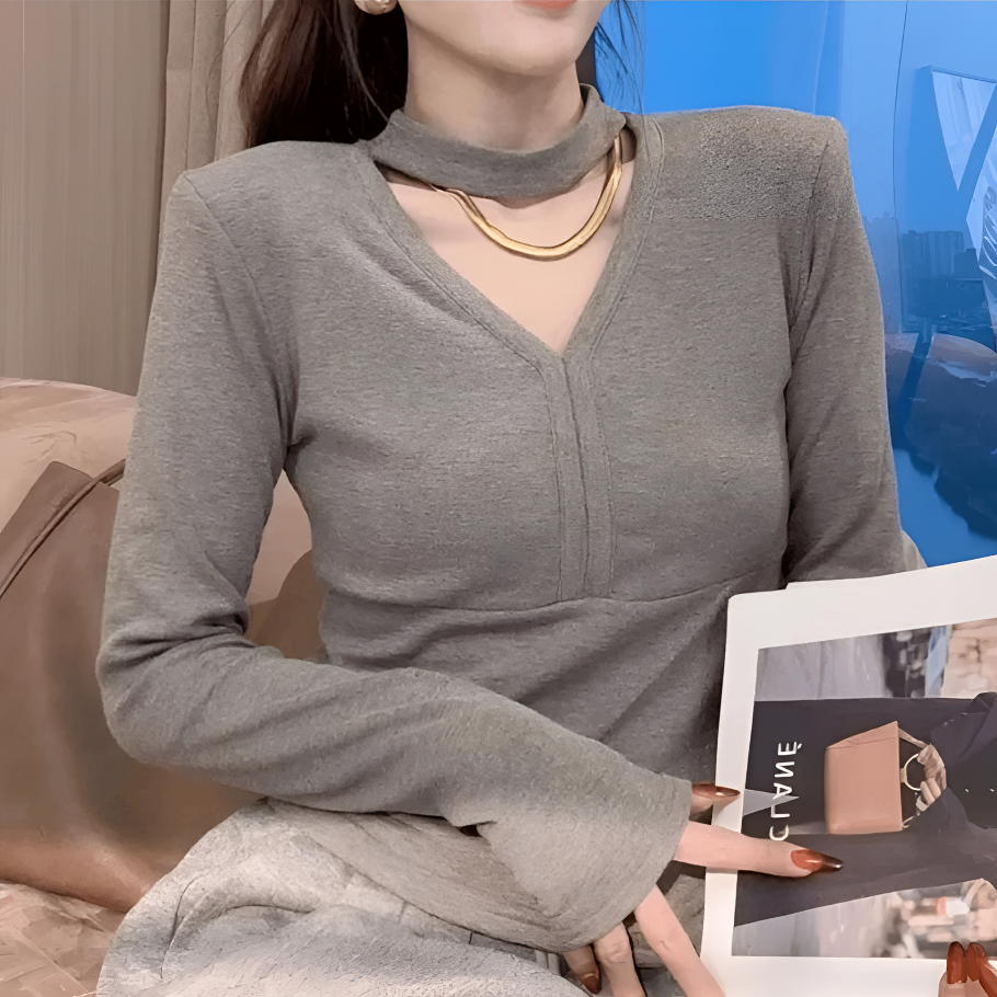 2025秋冬新款气质韩版v领挂脖长袖t恤内搭显瘦修身打底衫上衣时尚