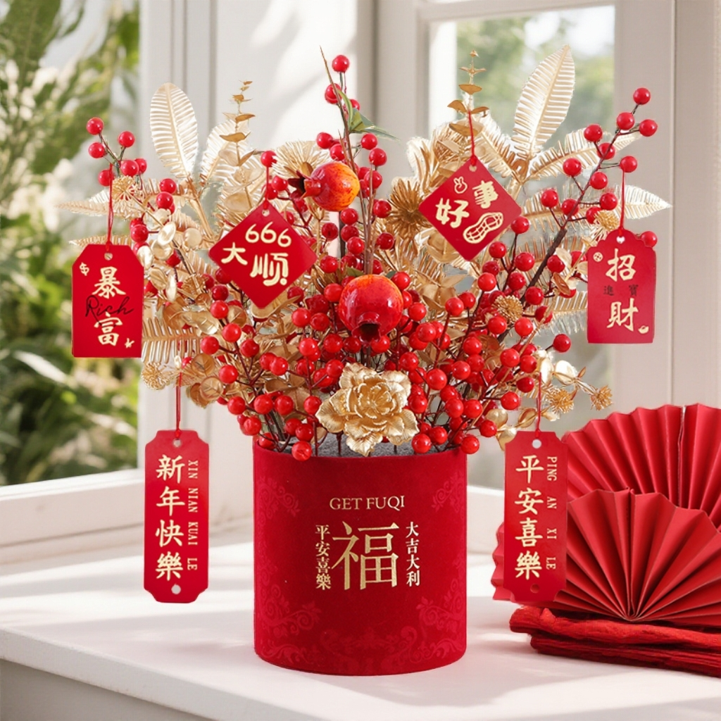 新款福桶发财果开业乔迁结婚抱抱桶玄关客厅装饰仿真花摆件喜庆