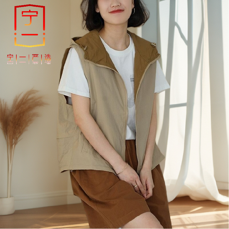 【宁一女装】双面穿马甲春秋新款连帽宽松显瘦大码无袖休闲马夹外搭