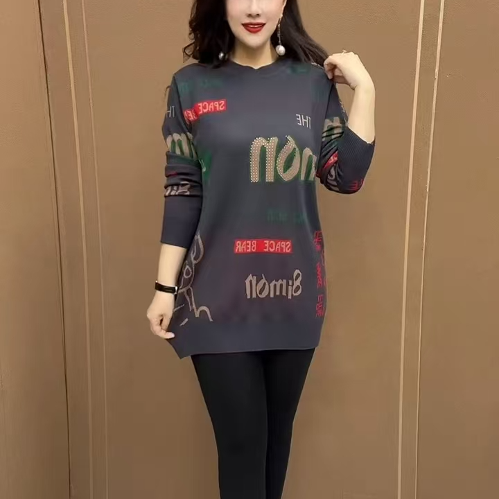 冬季新款中老年圆领印花套头针织毛衣时尚百搭妈妈宽松显瘦打底衫