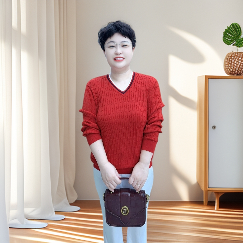 【100%莱赛尔扭绳V领】（24627）洋气毛衣春秋大码女士时尚百搭宽松