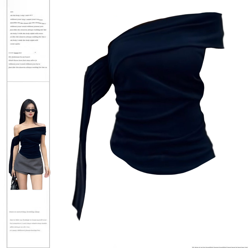 YIDENG美式辣妹不规则露肩短袖T恤女夏季新款修身设计感上衣