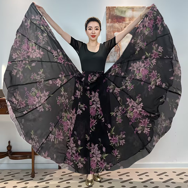 A《花影传馨》乔其纱满铺印花时尚百搭全松紧腰大摆半身裙带衬裙