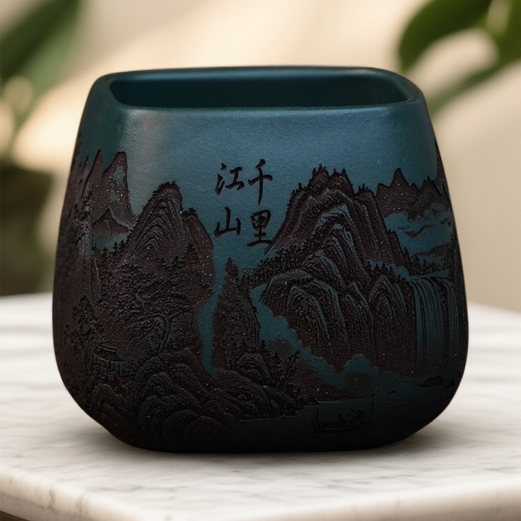 紫砂主人杯宜兴墨绿泥手工刻绘千里江山图150cc茶杯