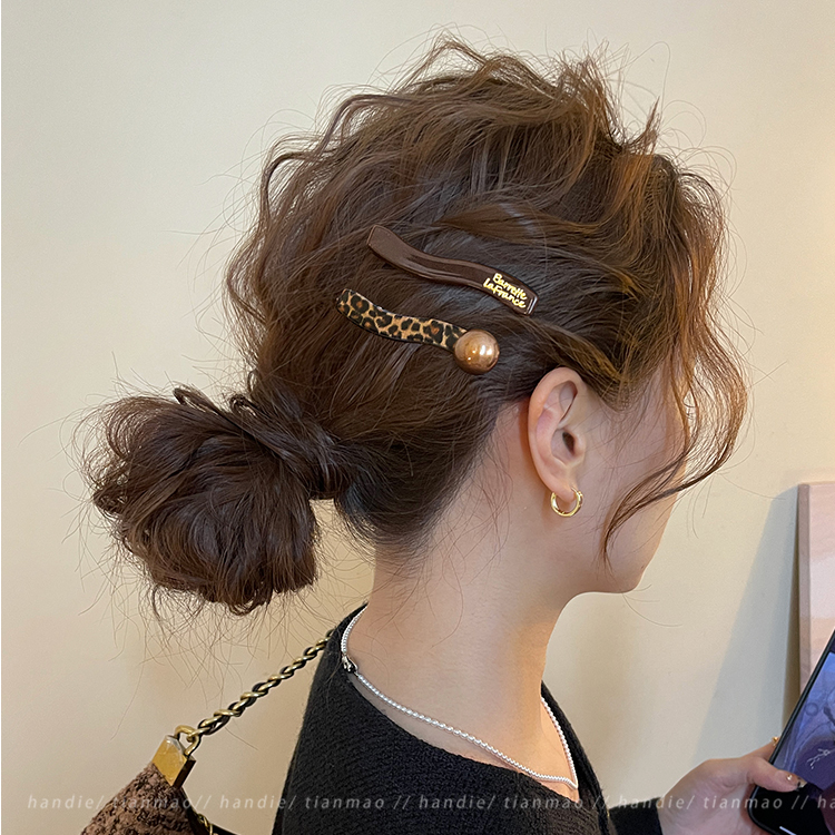 复古豹纹圆珠发夹女前额刘海侧边发卡2025新款高级感百搭夹子发饰