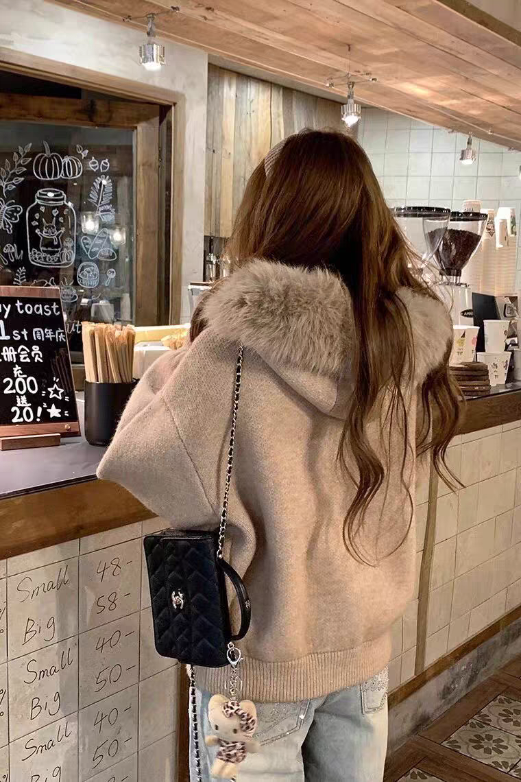 【大毛领毛衣】917开衫外套女秋冬宽松显瘦软糯针织衫