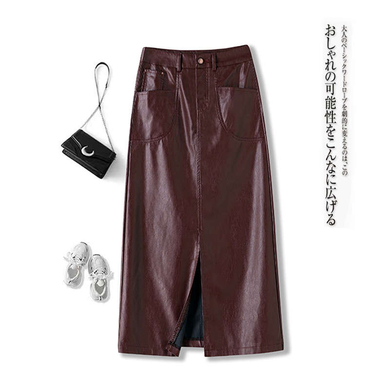 拉夏贝尔安可拉红2025秋新款高腰PU半身皮裙女过膝开叉a字包臀裙
