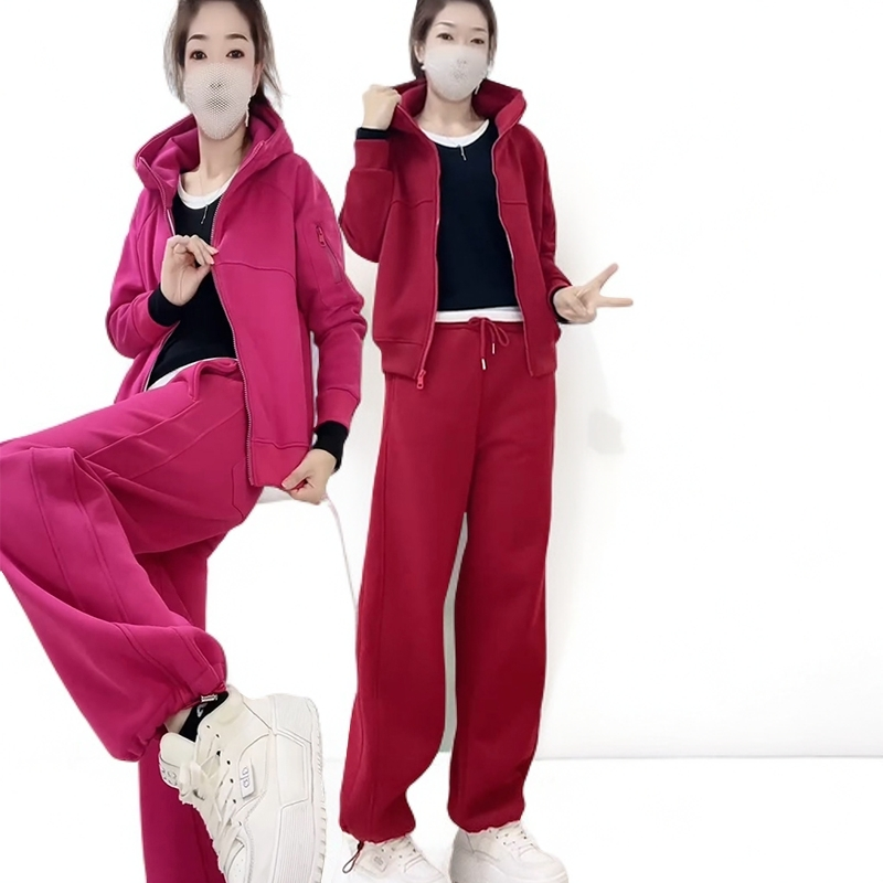 阔腿裤长袖长裤加绒厚款开衫运动套装时尚连帽减龄冬季宽松套装