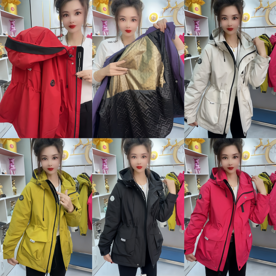 2025秋季新款薄棉防风耐磨宽松连帽冲锋衣收腰显瘦中长款女外套