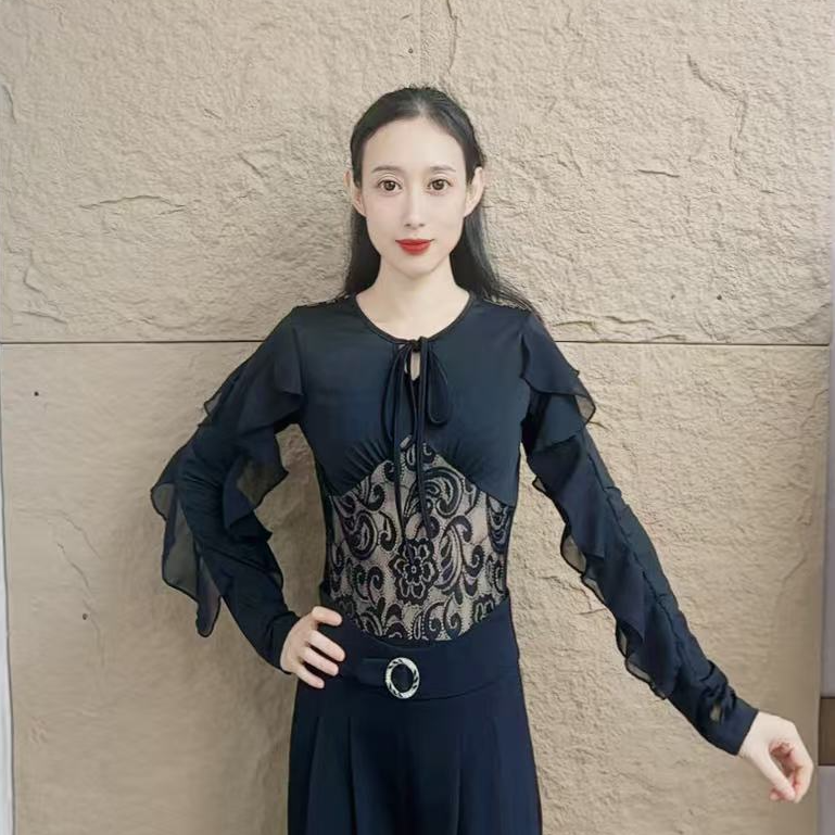 欢舞阁吉特巴交际舞广场舞摩登舞气质女士蕾丝拼接长袖舞衣A0799