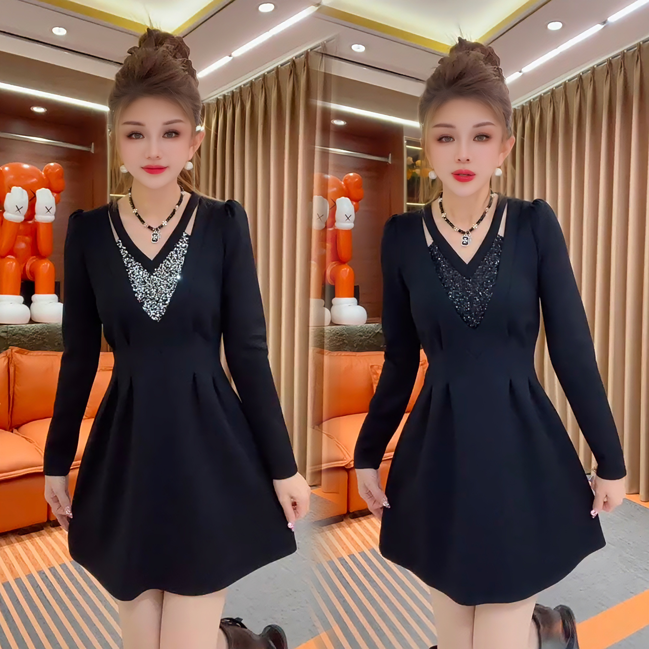 修身常规套头款中长裙2025冬季新款收腰连衣裙女装打底长袖拼接