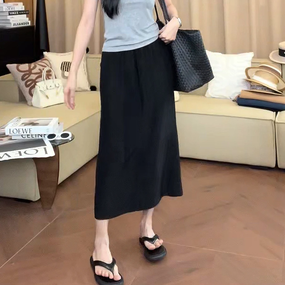 “醋酸裙”极简肌理感碎纹松紧腰半身裙直筒裙长裙夏季时尚显瘦