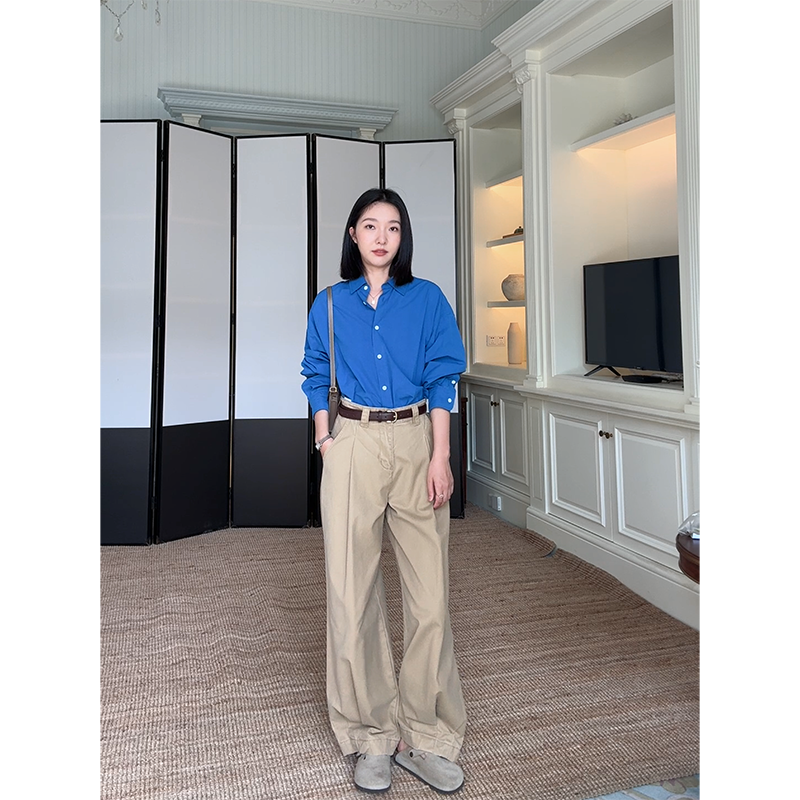 郭九九呢 100棉克莱因蓝简约宽松衬衫显瘦直筒阔腿裤 G923C05927