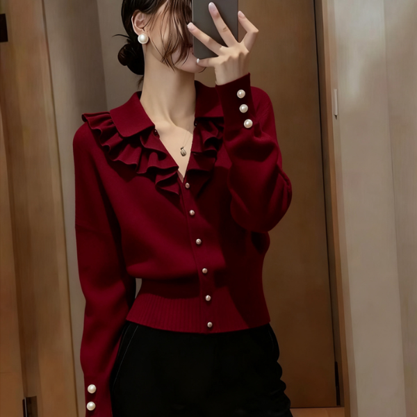 法式荷叶边珍珠翻领长袖针织开衫女冬季新款气质风百搭单排扣上衣