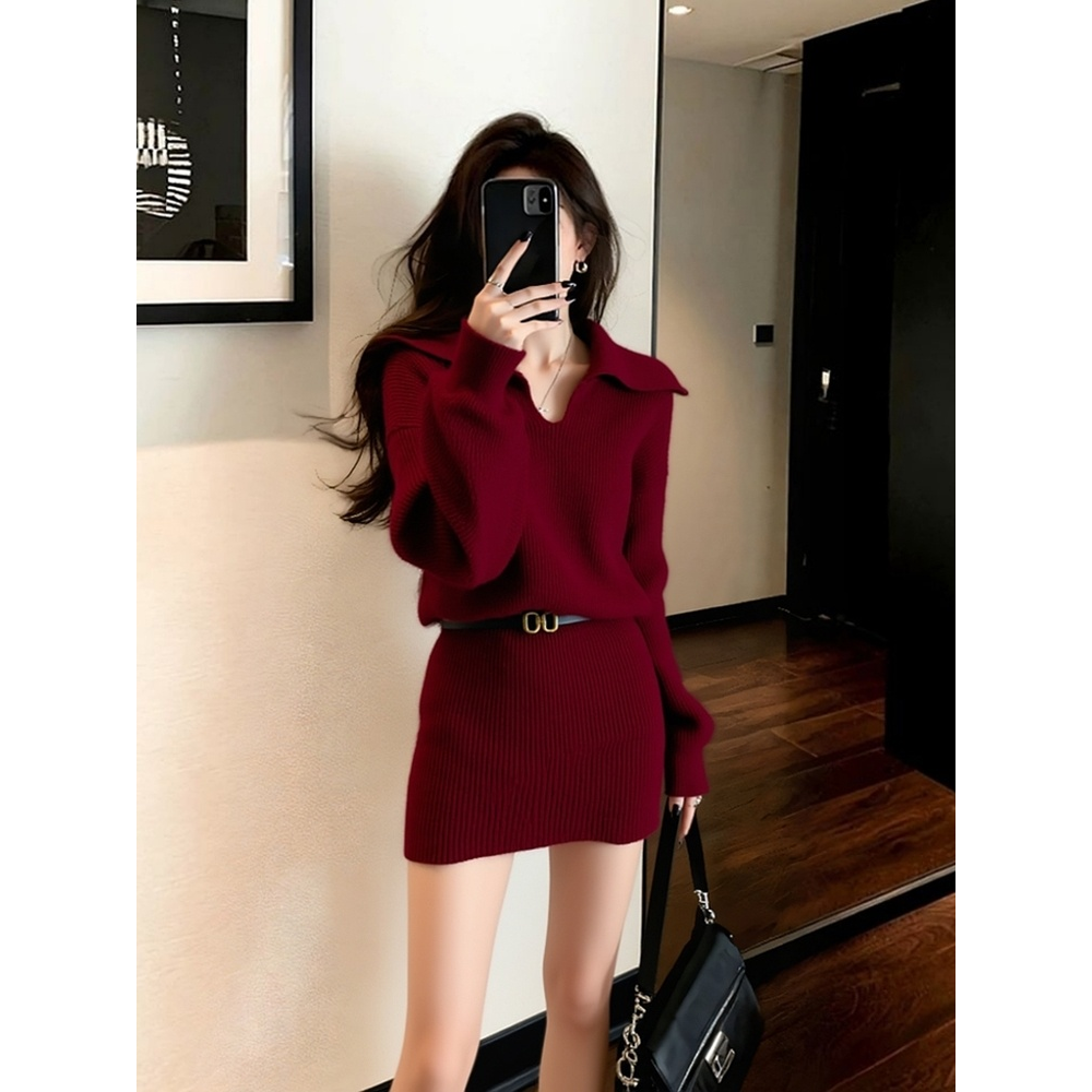 冬季御姐感圣诞新年红色针织连衣裙配大衣内搭特别漂亮掐腰小裙子