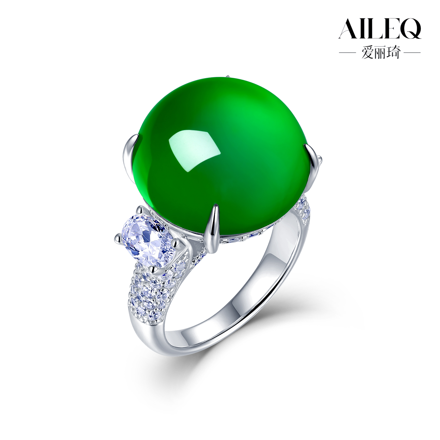 AILEQ925银镶天然玉髓新品满绿鸽子蛋双钻欧若风戒指时尚珠宝品质