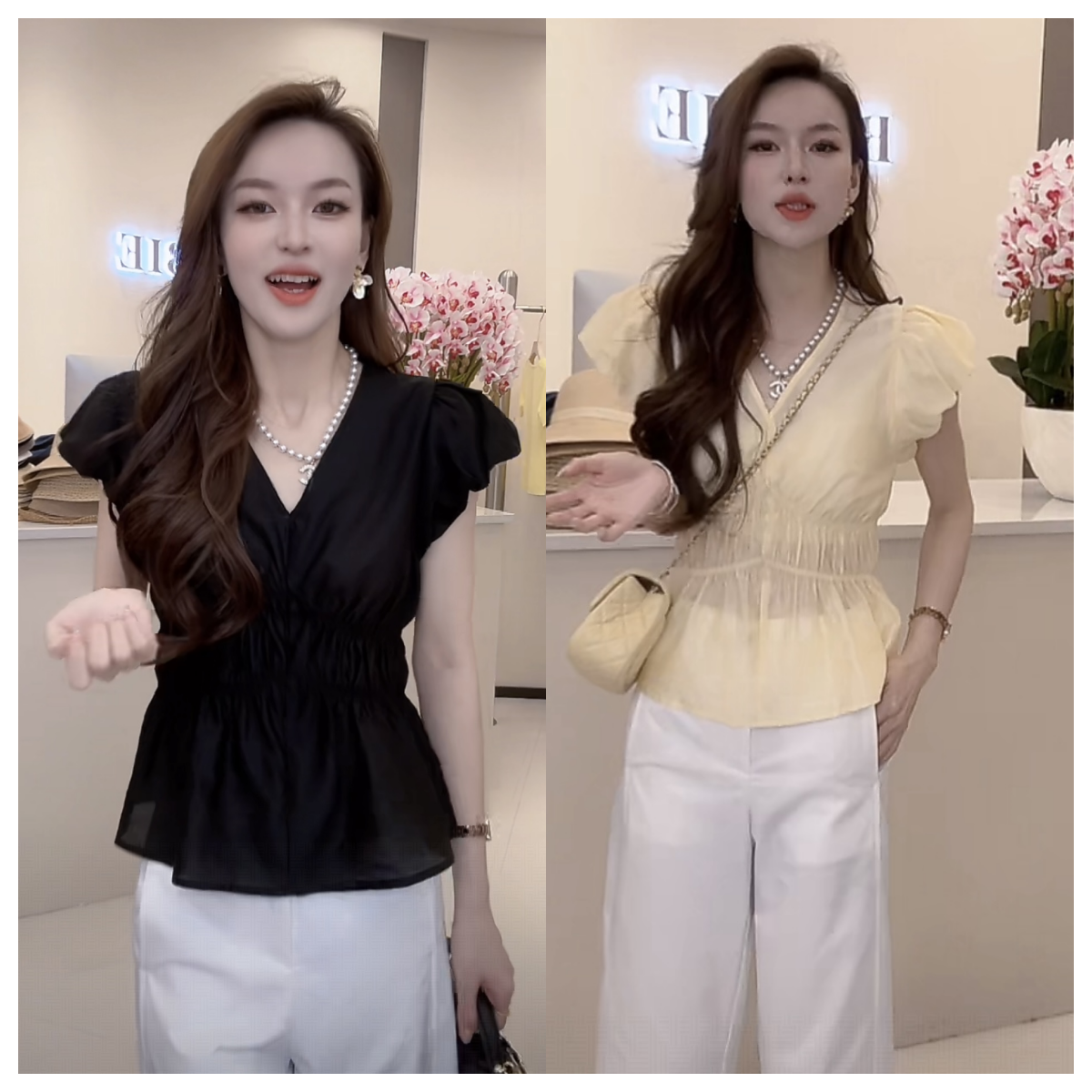 2025夏季纯色褶皱收腰v领小飞袖小衫上衣休闲百搭九分裤两件套仙