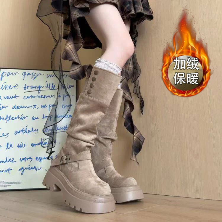 厚底增高长筒靴女2025新款秋季复古百搭堆堆靴两穿绒面高筒骑士靴