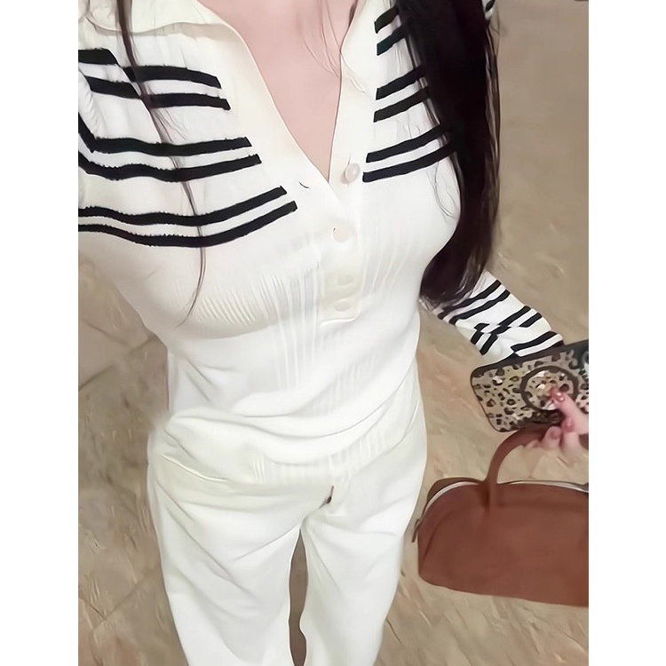 黑白条纹v领长袖针织衫女春季修身高级感气质polo领短款内搭上衣