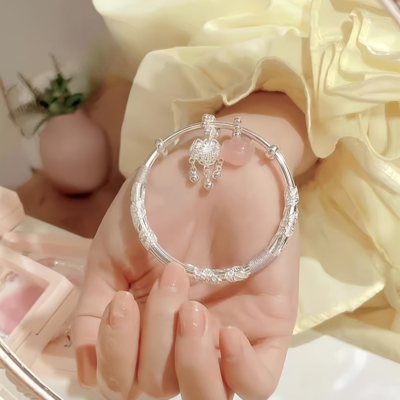 繁花似锦纯银手镯女s999足银镯子平安锁送女友七夕生日礼物