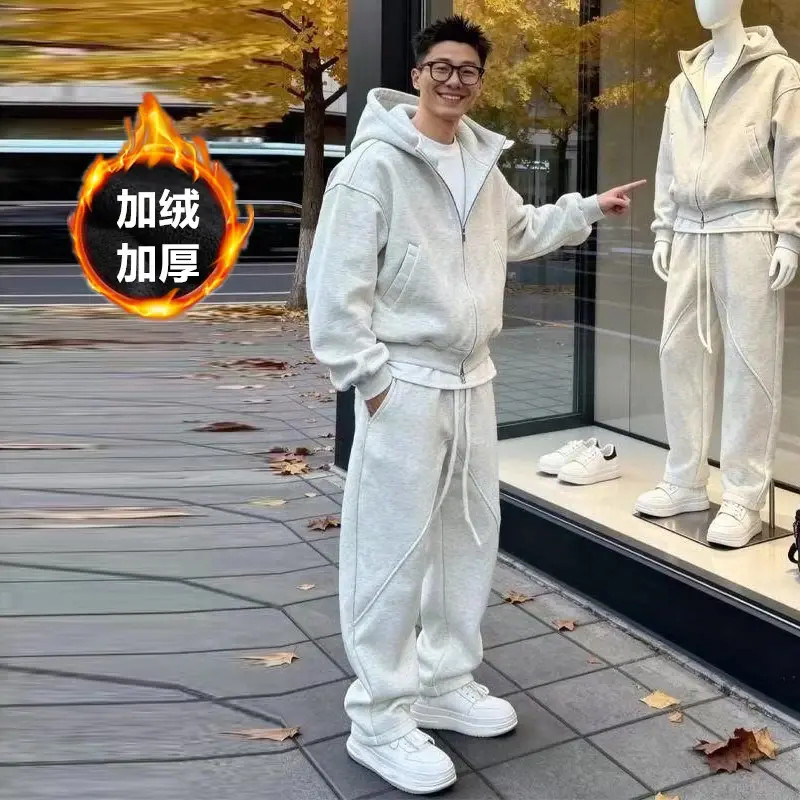 加绒加厚套装男冬季新款连帽蝙蝠袖外套宽松直筒休闲运动裤两件套
