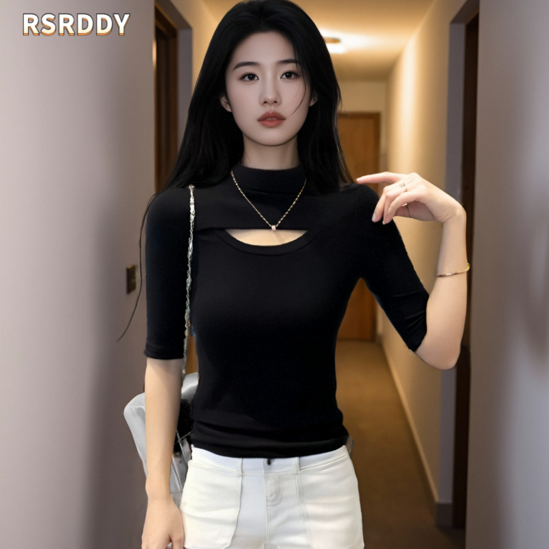 RSRDDY2025百搭气质款半高领镂空中袖T恤女春夏显瘦款时尚上衣女