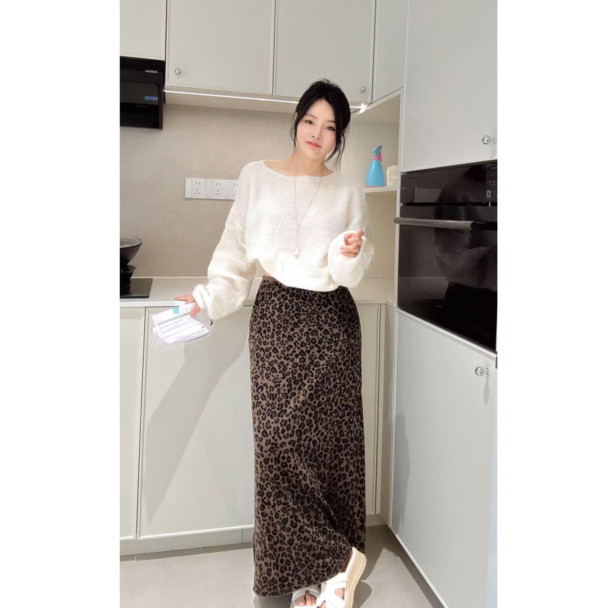 2025针织羊毛豹纹裙高弹力显瘦半裙