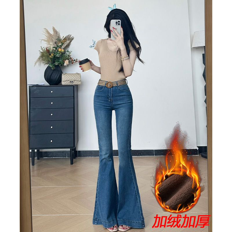 乔栈美人鱼双V收腰弹力大摆微喇牛仔裤女秋冬爆款加绒紧身喇叭裤