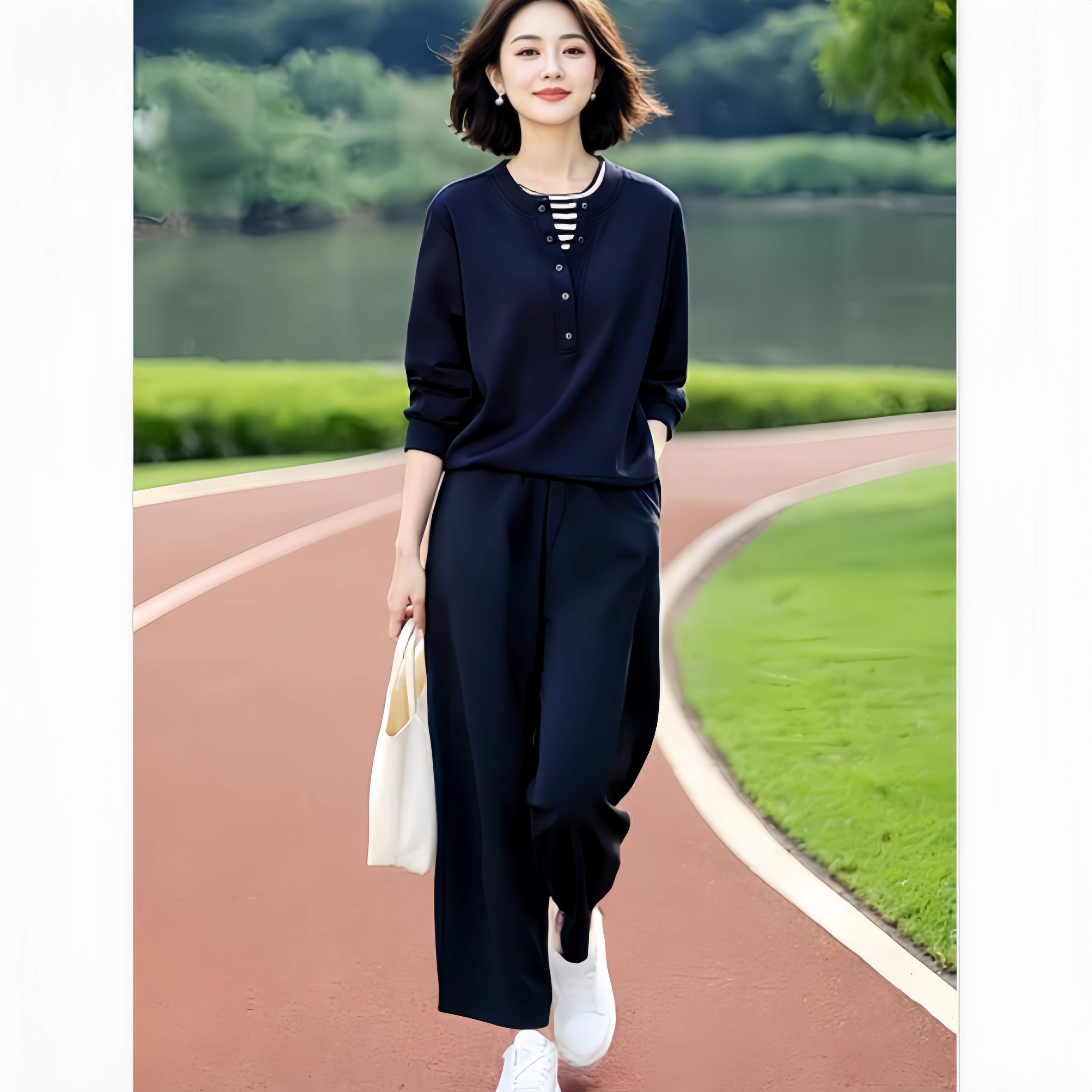 时尚休闲风INS风假两件卫衣+松紧腰九分裤春秋运动套装洋气