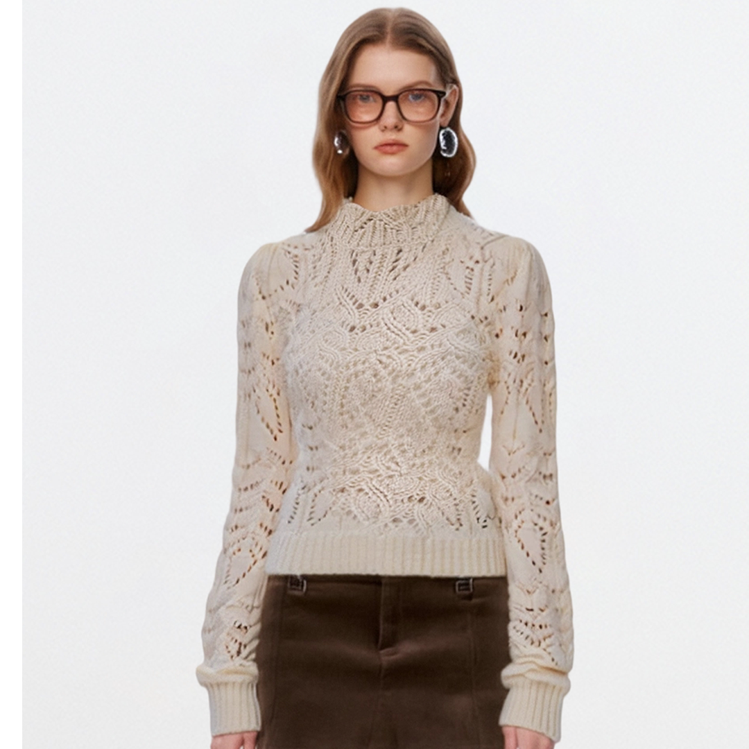 镂空套头毛衣女内搭设计感小众手工钩花温柔系针织衫垫肩短款上衣