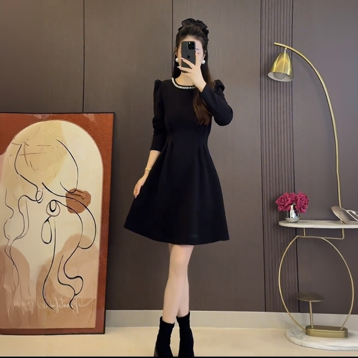 大码赫本风气质烫钻收腰连衣裙微胖mm小个子遮肚显瘦a字打底裙子