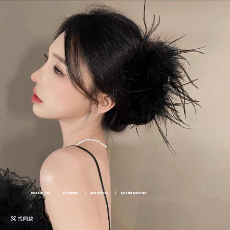 超仙羽毛~ins风鸵鸟气质高级感夾子毛毛鲨鱼夹后脑勺发夹